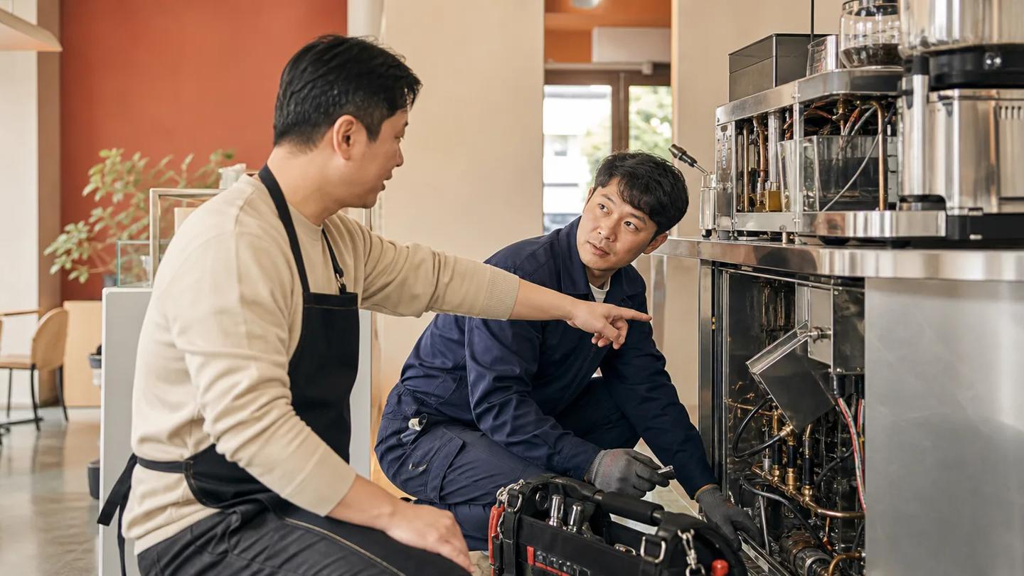 현장에서 장비 상태를 확인하며 고객과 대화하는 A/S 기사