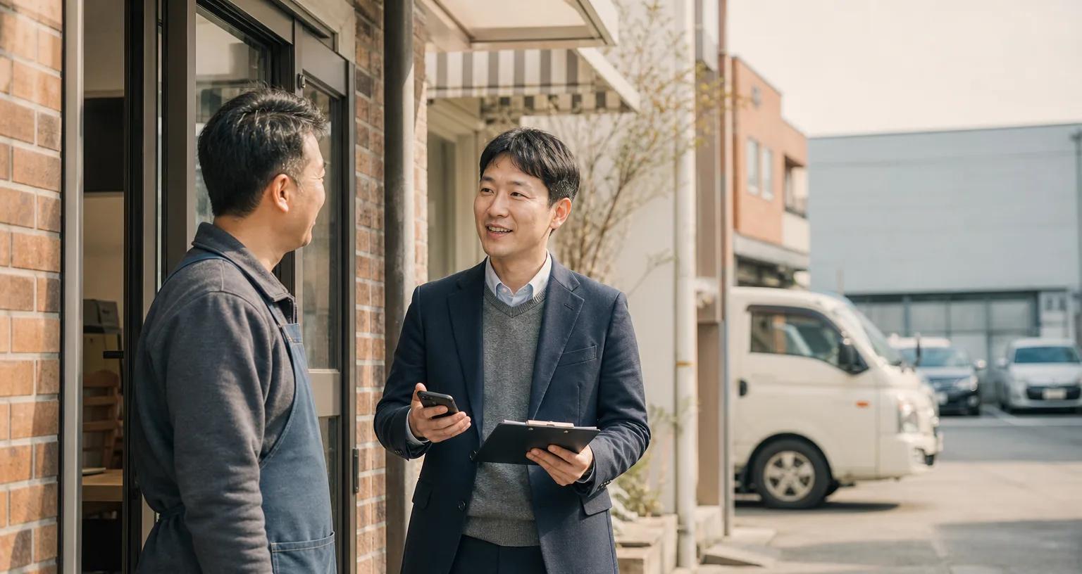 거래처 앞에서 방문 목적을 확인하며 대화하는 필드 세일즈 담당자