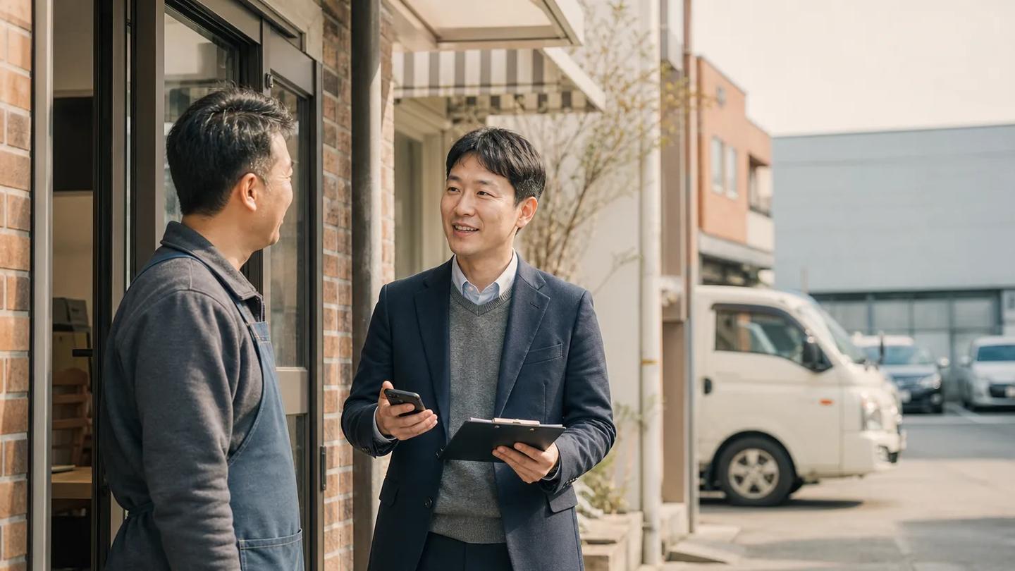 거래처 앞에서 방문 목적을 확인하며 대화하는 필드 세일즈 담당자