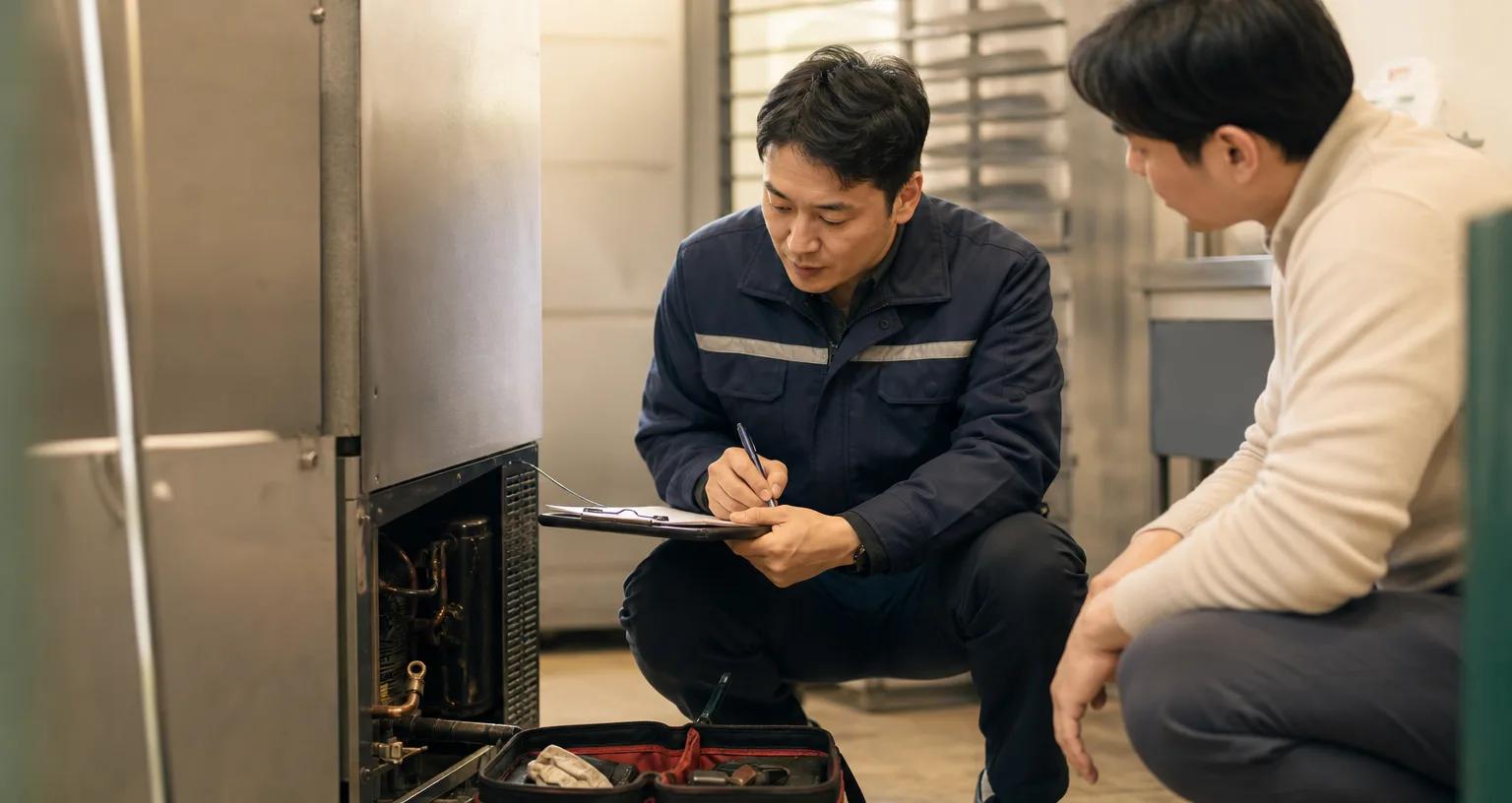 설비 앞에서 점검 결과를 기록하는 A/S 서비스 기사