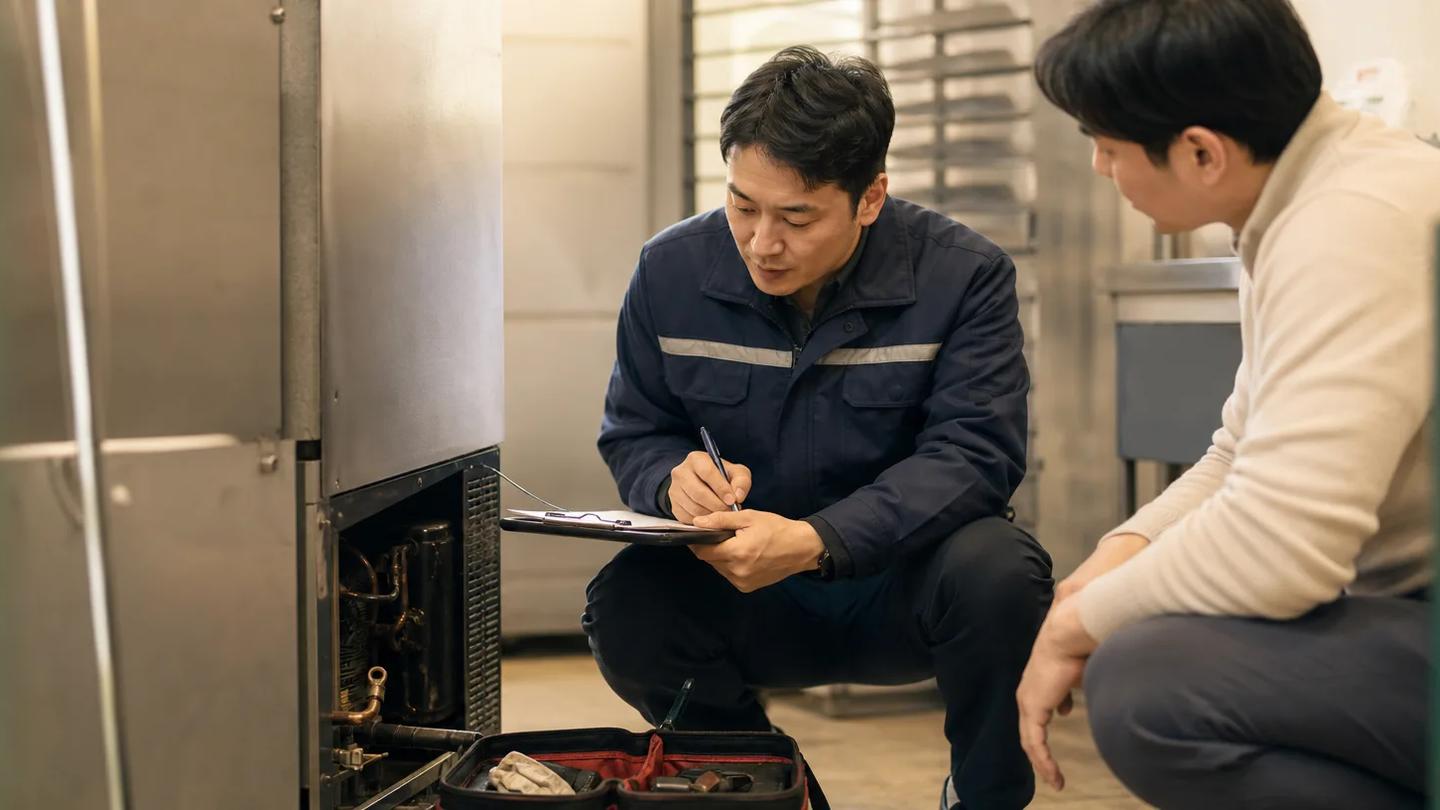 설비 앞에서 점검 결과를 기록하는 A/S 서비스 기사