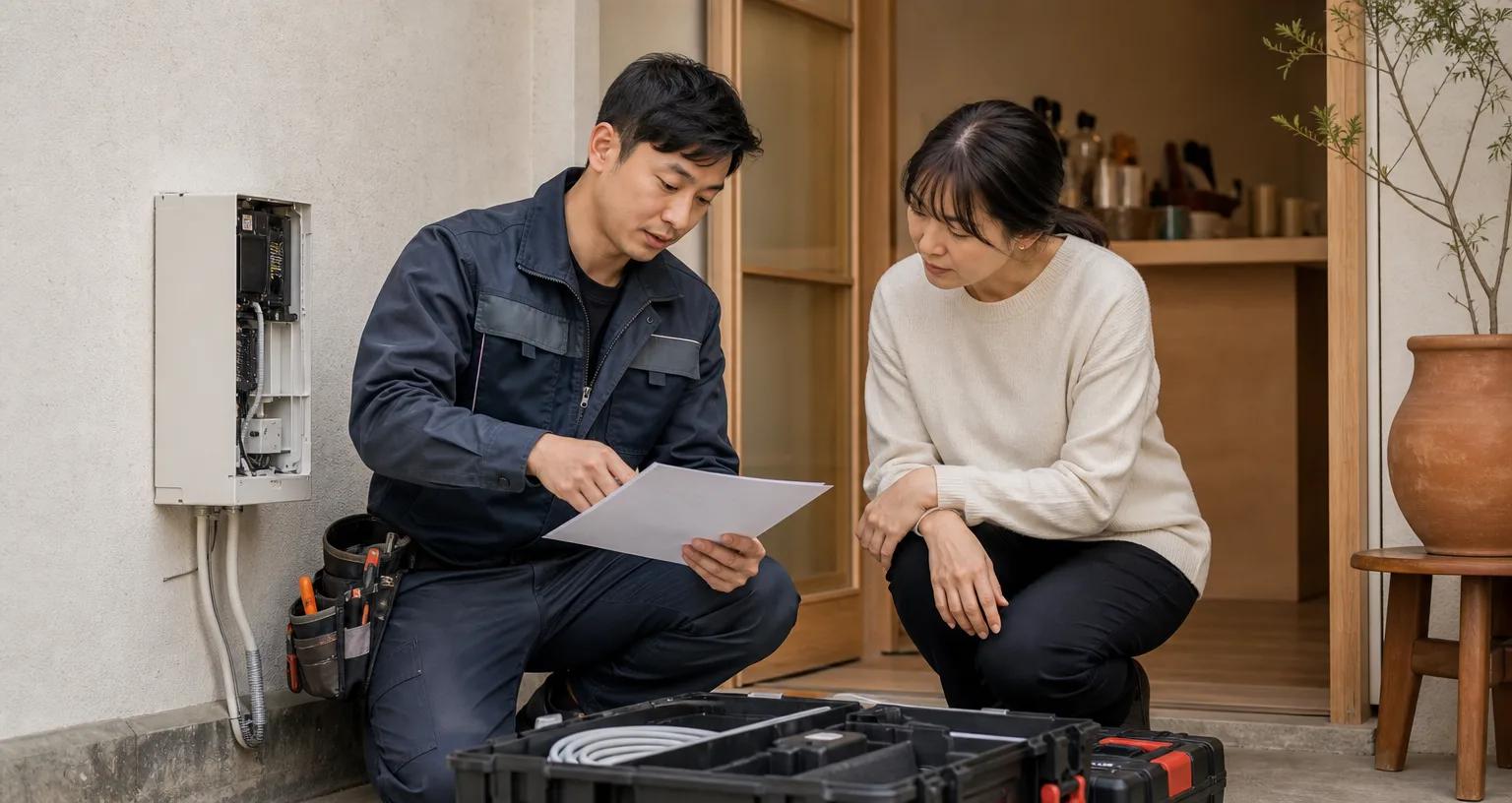 설치 기사가 고객 현장에서 장비 설치 전 체크리스트를 함께 확인하는 모습
