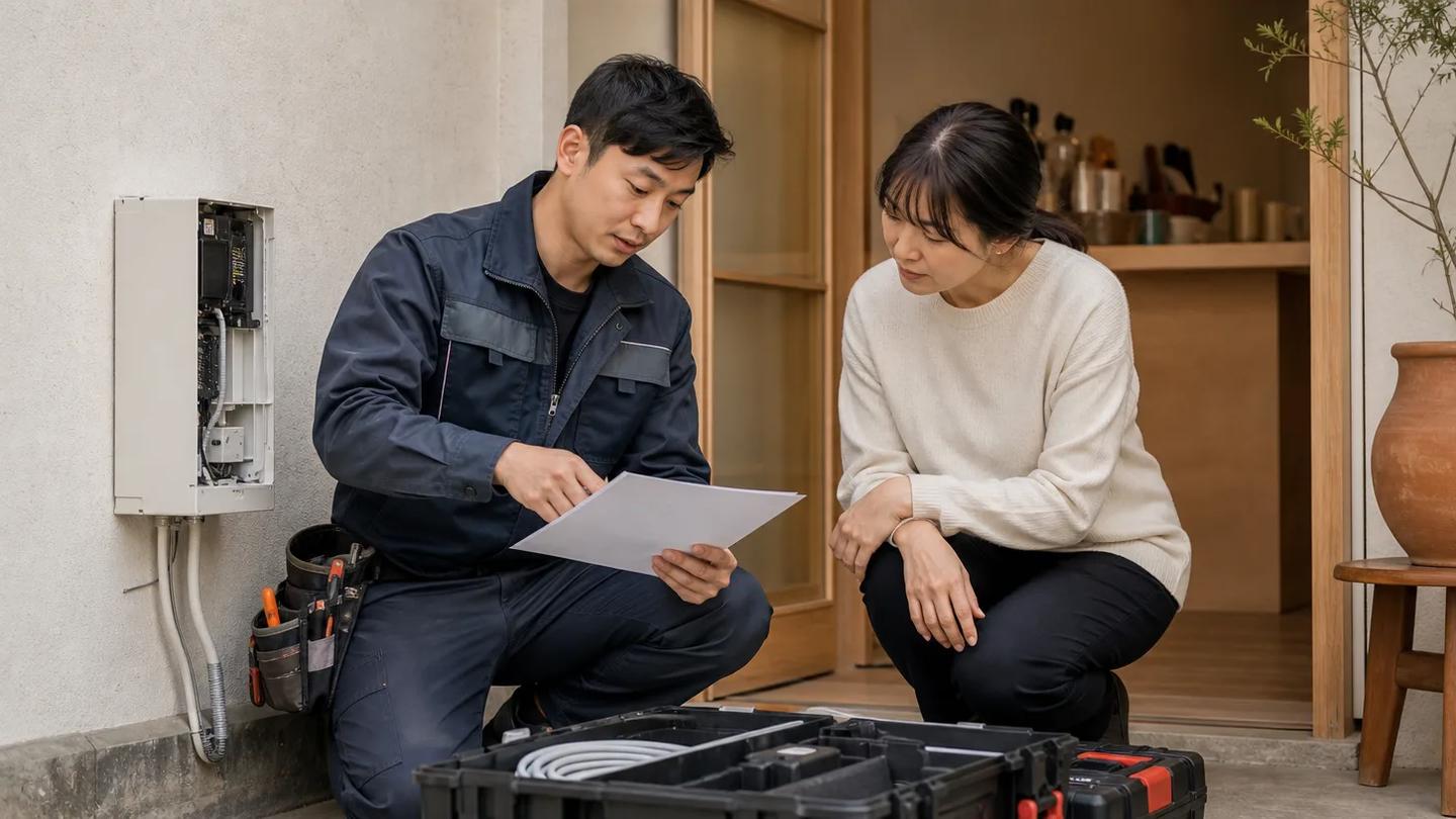 설치 기사가 고객 현장에서 장비 설치 전 체크리스트를 함께 확인하는 모습
