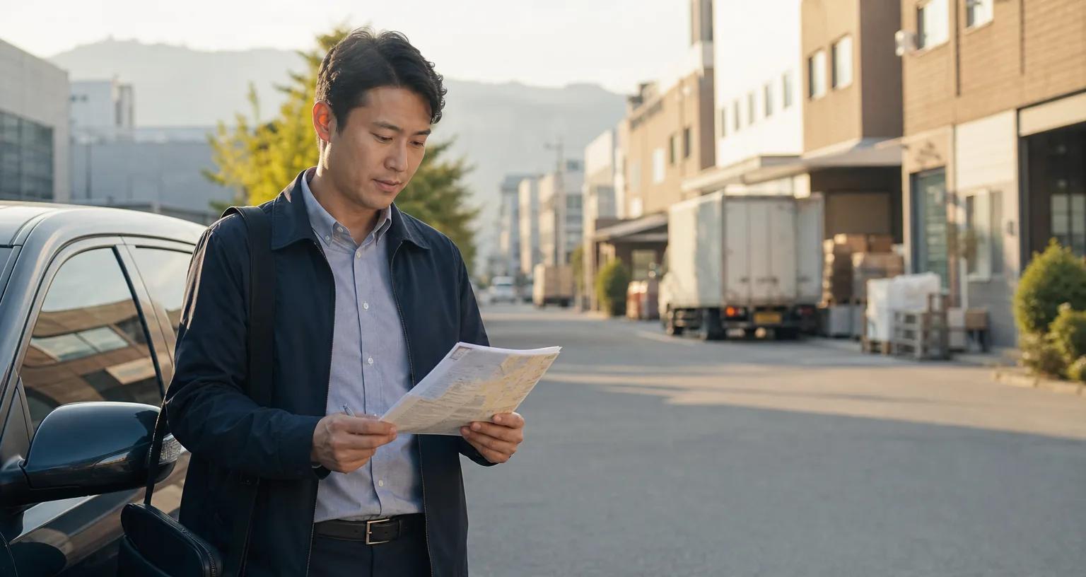산업 단지에서 거래처 방문 동선을 확인하는 영업 담당자