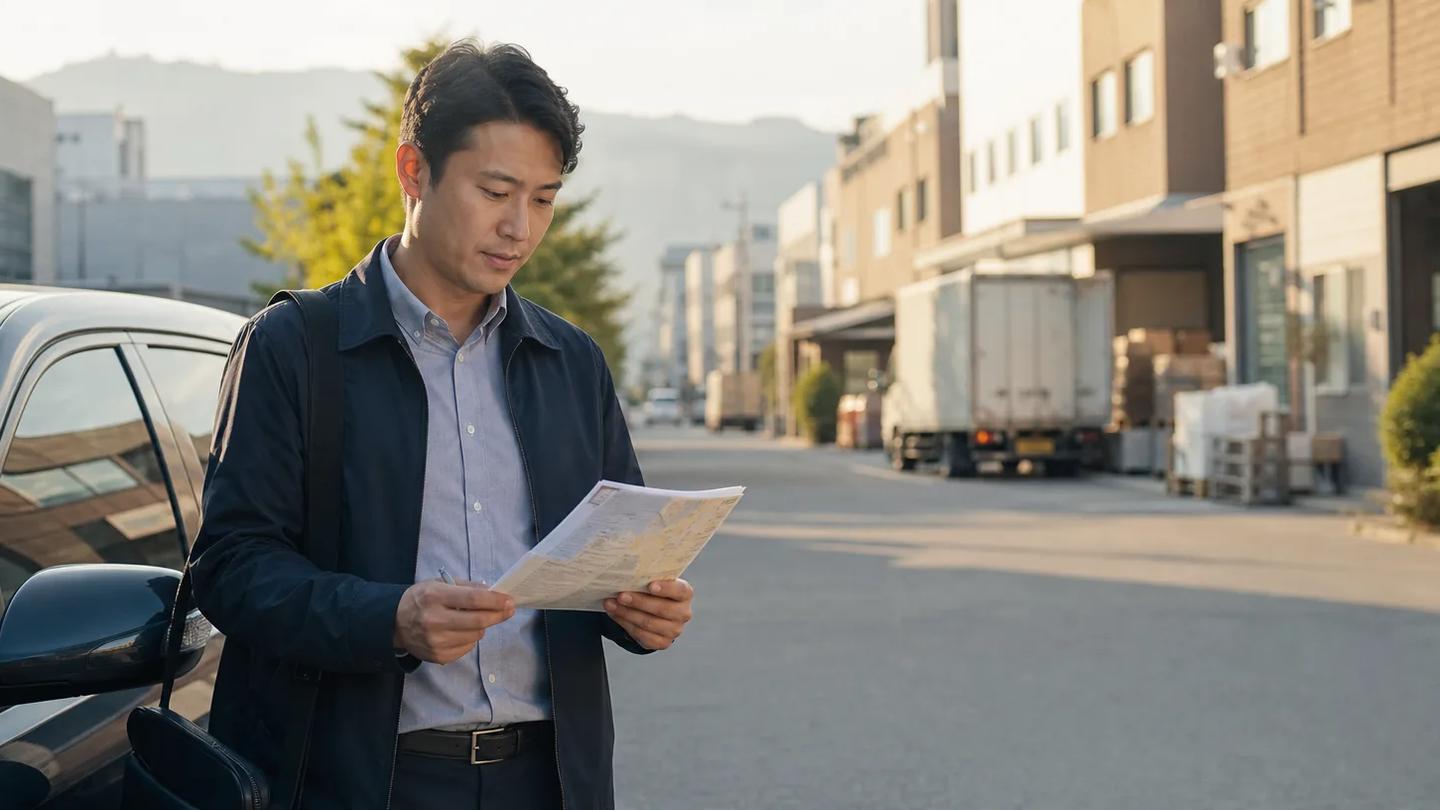 산업 단지에서 거래처 방문 동선을 확인하는 영업 담당자