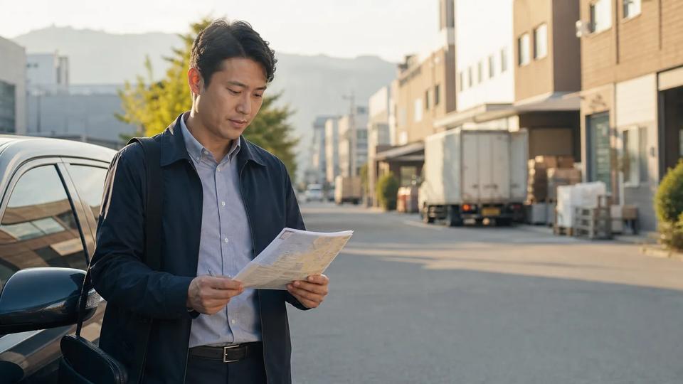 산업 단지에서 거래처 방문 동선을 확인하는 영업 담당자