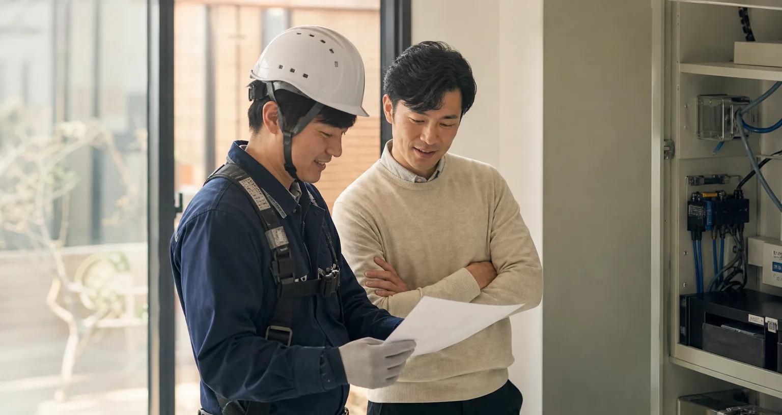 설치가 끝난 현장에서 장비를 함께 확인하는 설치 기사와 고객 담당자