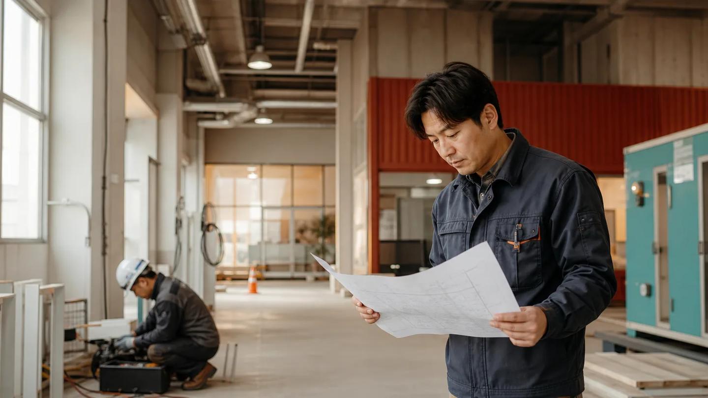 공장 내부의 서로 다른 작업 구역을 확인하며 설치 현장을 점검하는 기사