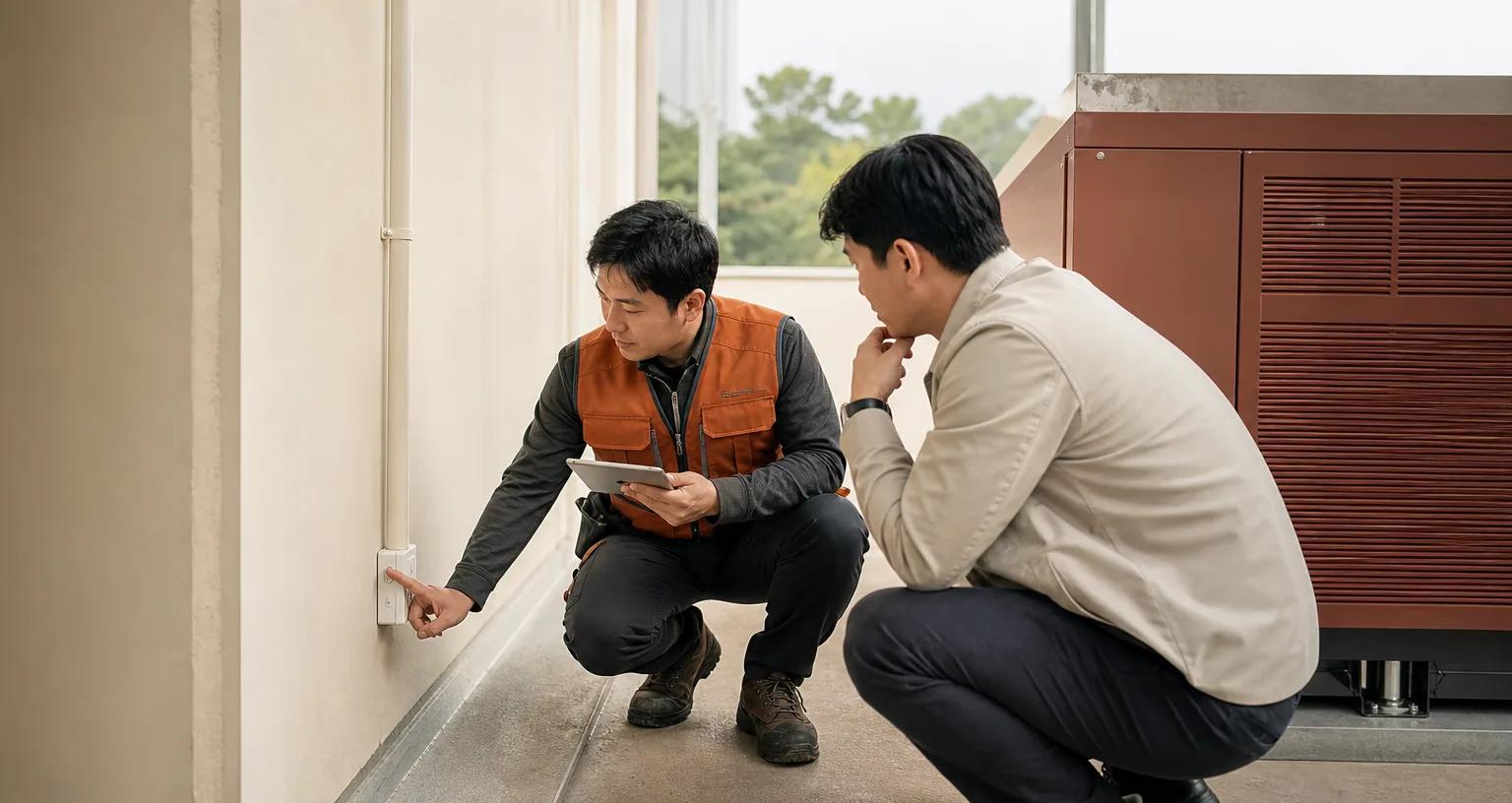 설치 기사가 고객 현장에서 장비 설치 전 준비 상태를 확인하는 모습