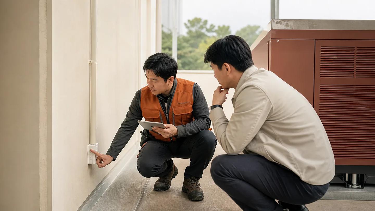 설치 기사가 고객 현장에서 장비 설치 전 준비 상태를 확인하는 모습