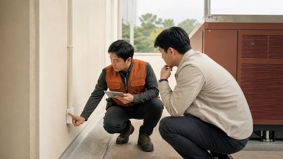 설치 기사가 고객 현장에서 장비 설치 전 준비 상태를 확인하는 모습