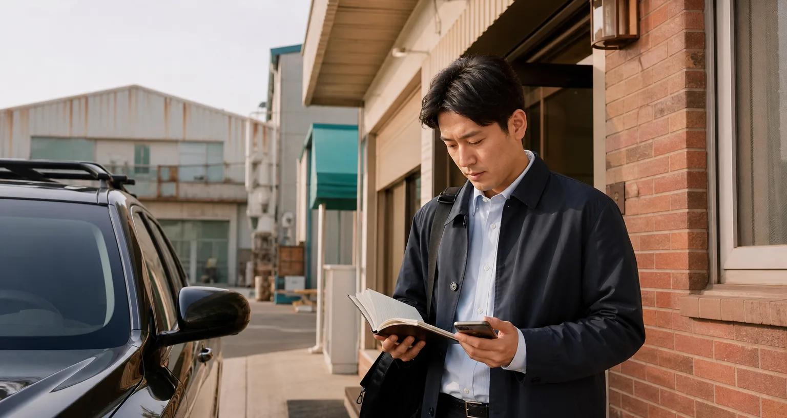 거래처 앞에서 다음 방문 일정을 확인하는 현장 영업 담당자