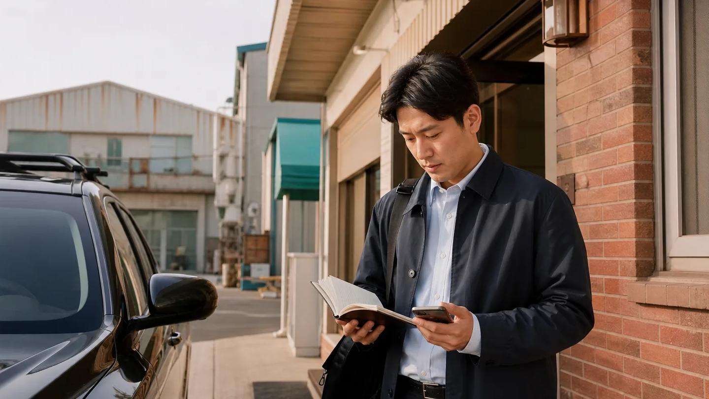 거래처 앞에서 다음 방문 일정을 확인하는 현장 영업 담당자