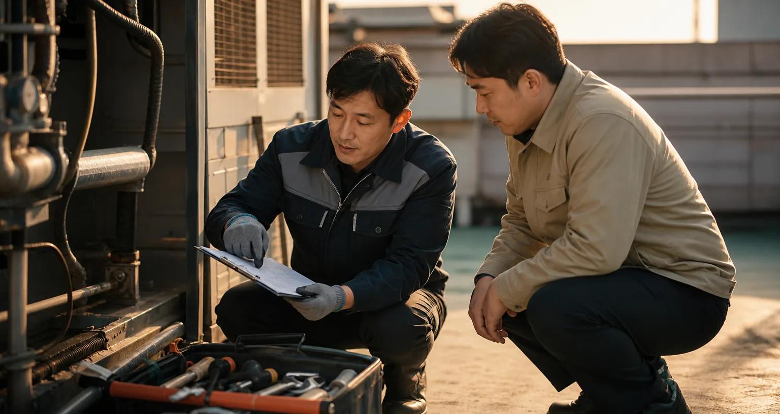A/S 기사가 산업 현장에서 작업 내용을 확인하며 고객과 일정 변경을 논의하는 모습