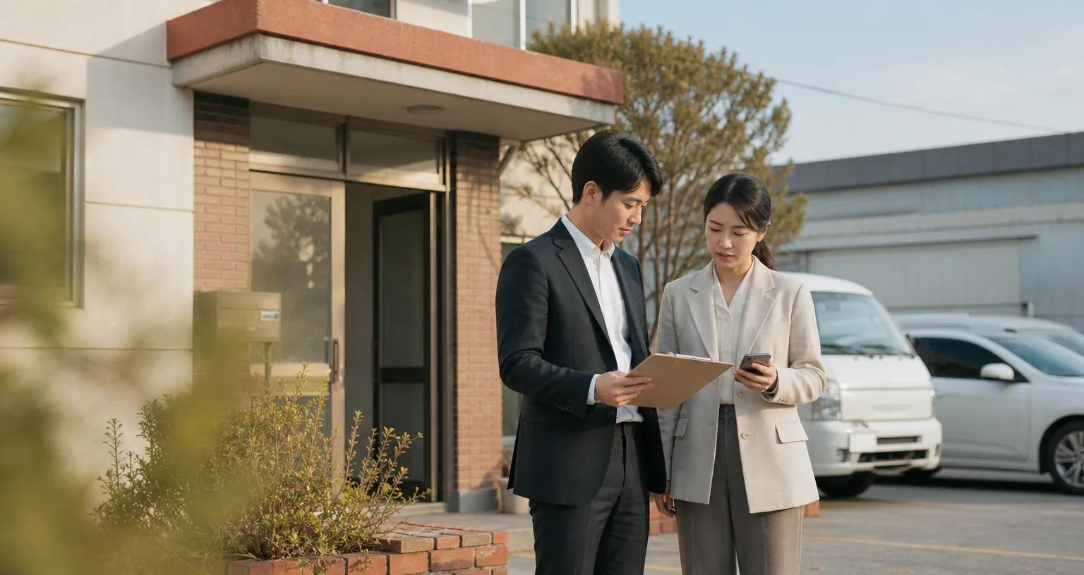 거래처 앞에서 고객 미팅 내용을 확인하며 다음 영업 계획을 논의하는 영업 담당자
