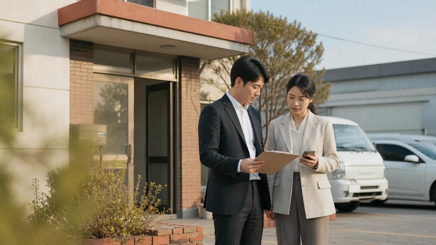 거래처 앞에서 고객 미팅 내용을 확인하며 다음 영업 계획을 논의하는 영업 담당자