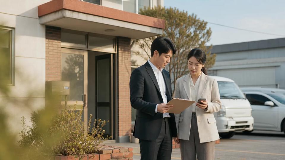 거래처 앞에서 고객 미팅 내용을 확인하며 다음 영업 계획을 논의하는 영업 담당자
