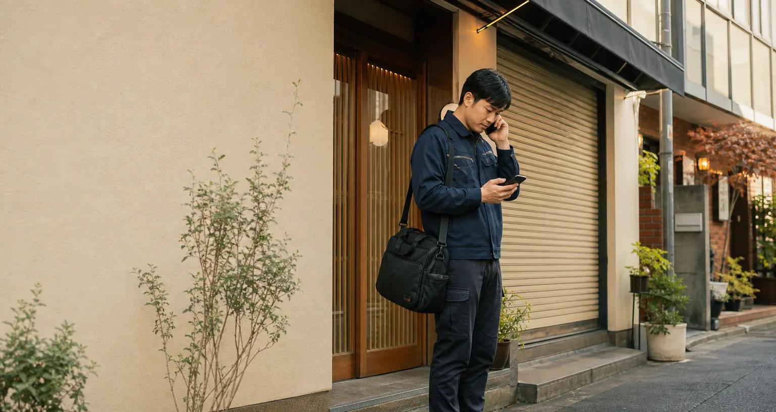 닫힌 사업장 출입문 앞에서 고객에게 연락하는 현장 담당자