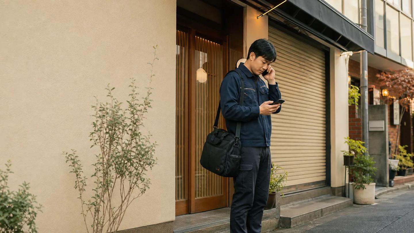닫힌 사업장 출입문 앞에서 고객에게 연락하는 현장 담당자