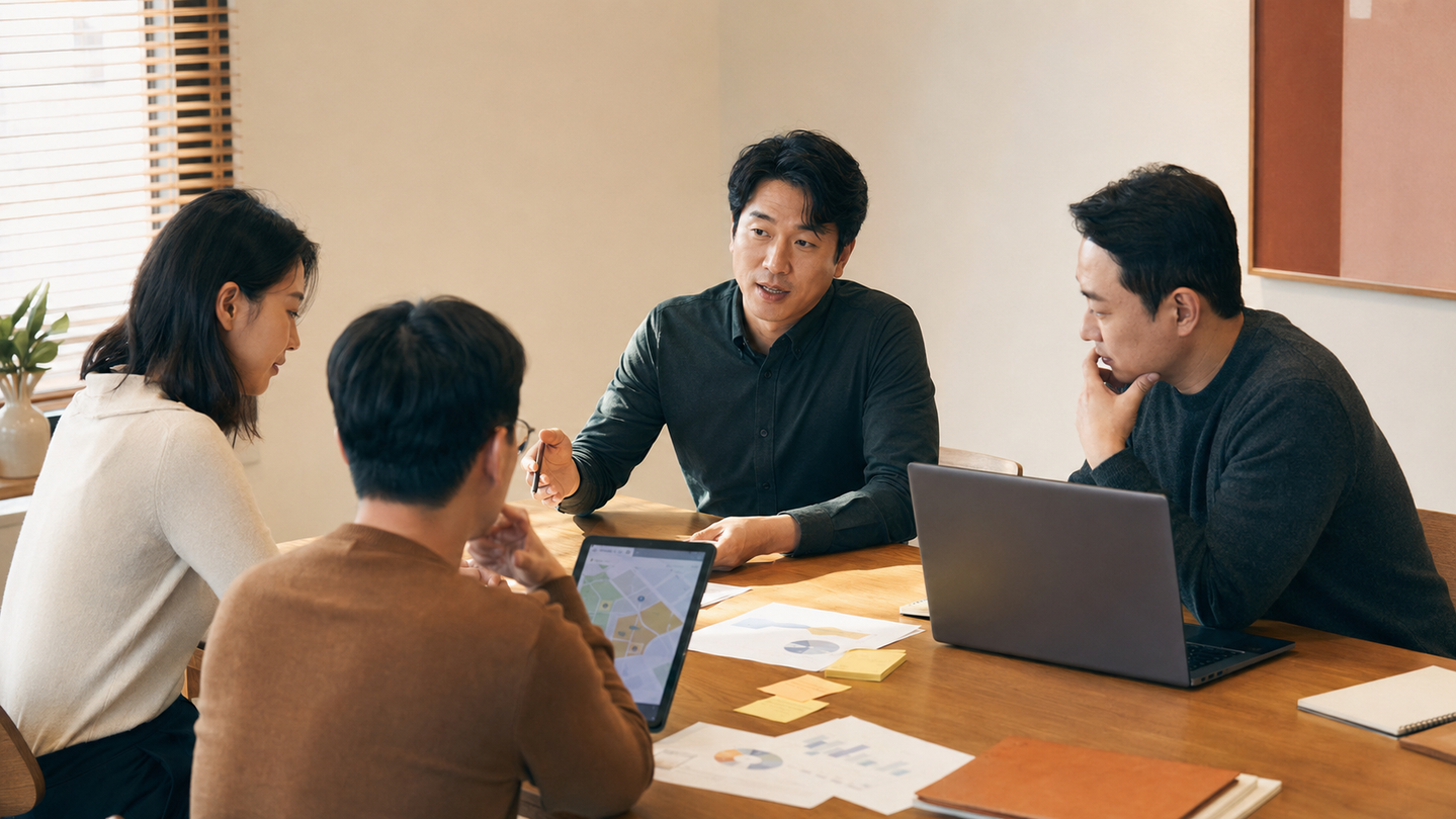 주간 영업회의에서 방문 건수뿐 아니라 거래처별 진행 상태와 다음 행동을 함께 확인하는 모습