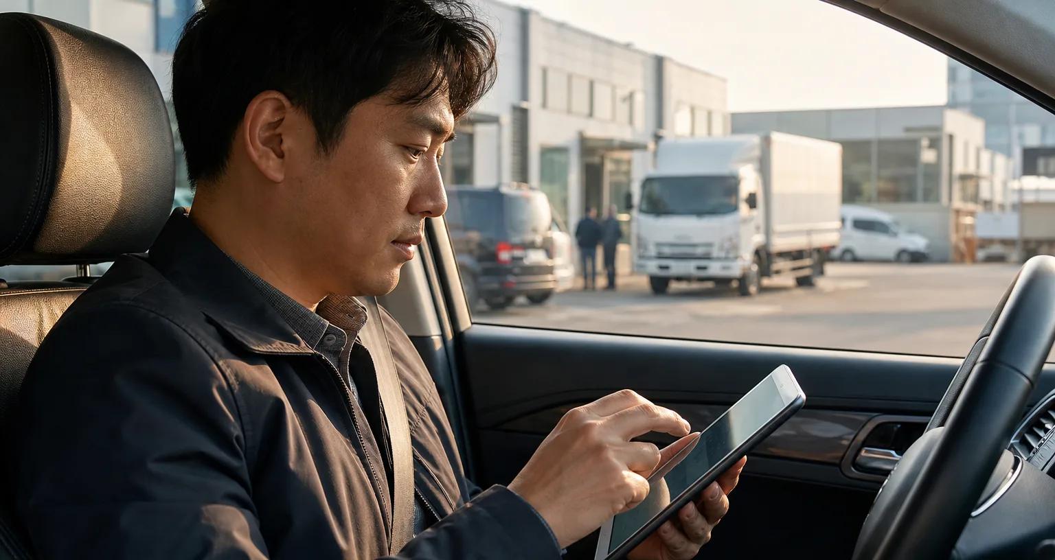 거래처 방문 전 차량 안에서 고객 정보를 확인하는 필드 세일즈 담당자