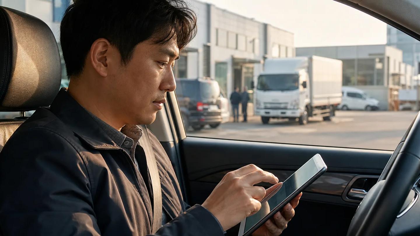 거래처 방문 전 차량 안에서 고객 정보를 확인하는 필드 세일즈 담당자