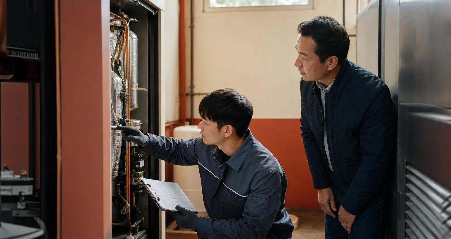 설비실에서 이전 점검 기록을 확인하며 장비를 점검하는 A/S 기사