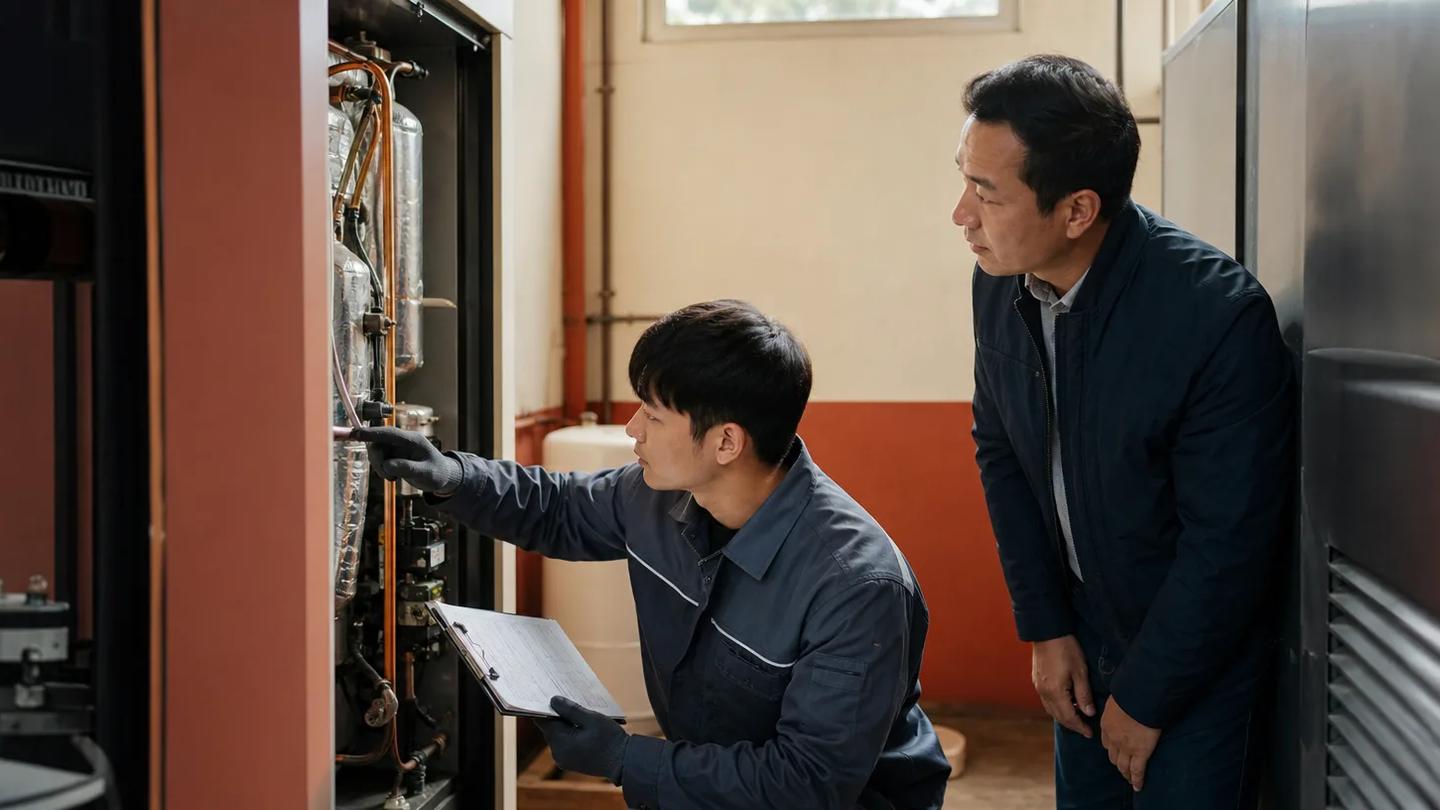 설비실에서 이전 점검 기록을 확인하며 장비를 점검하는 A/S 기사