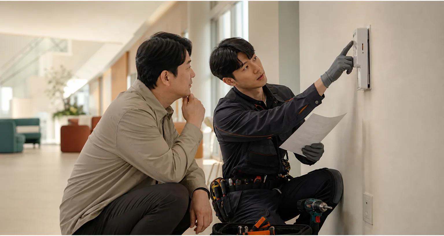 설치 기사가 고객 담당자와 함께 장비 설치 후 남은 보완 항목을 확인하는 현장