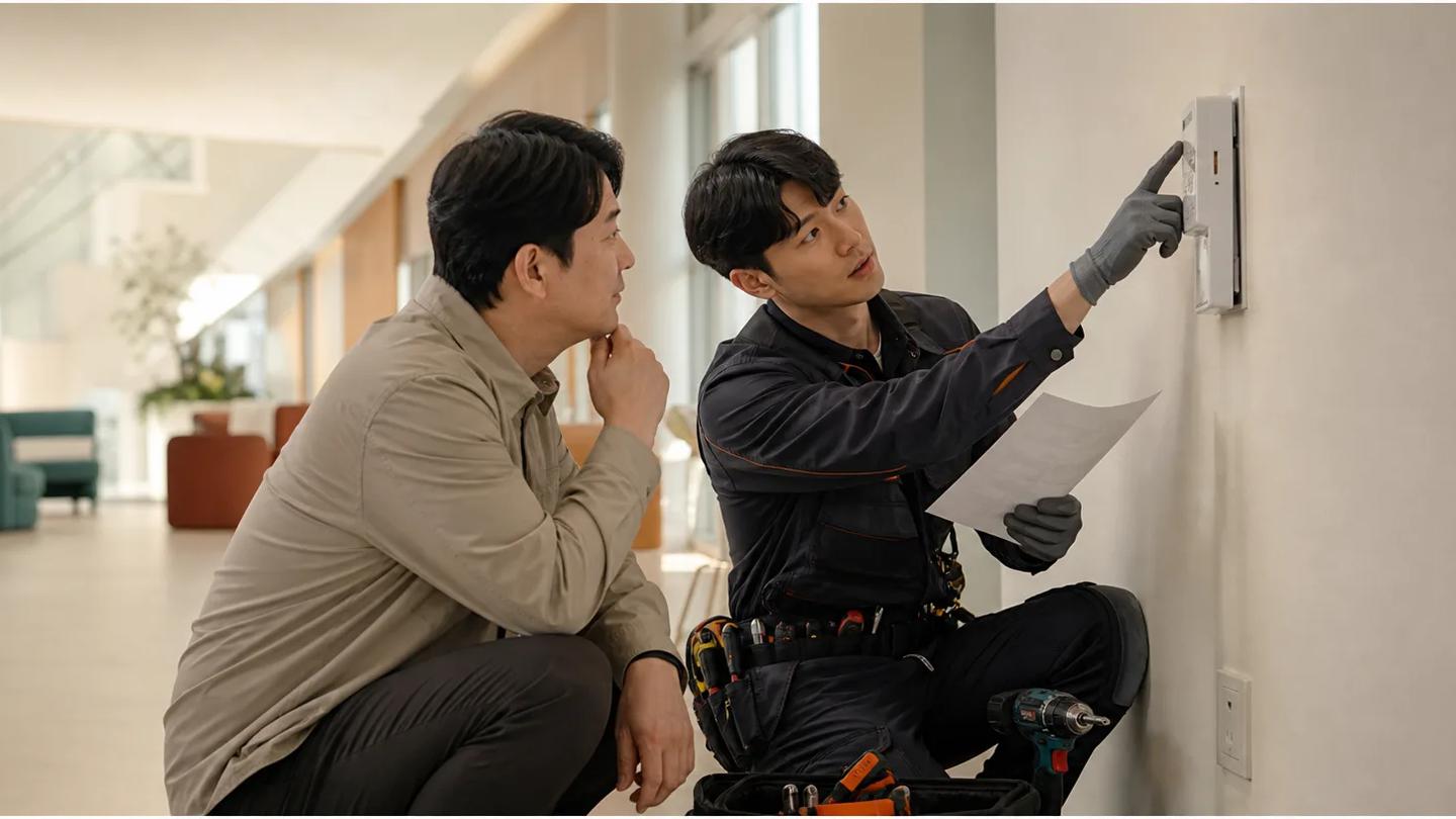 설치 기사가 고객 담당자와 함께 장비 설치 후 남은 보완 항목을 확인하는 현장