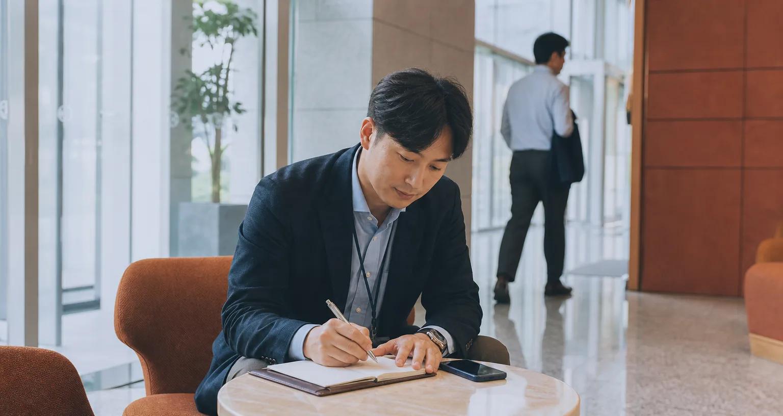 거래처 현장에서 고객과 대화한 뒤 노트에 방문 내용을 정리하는 영업 담당자