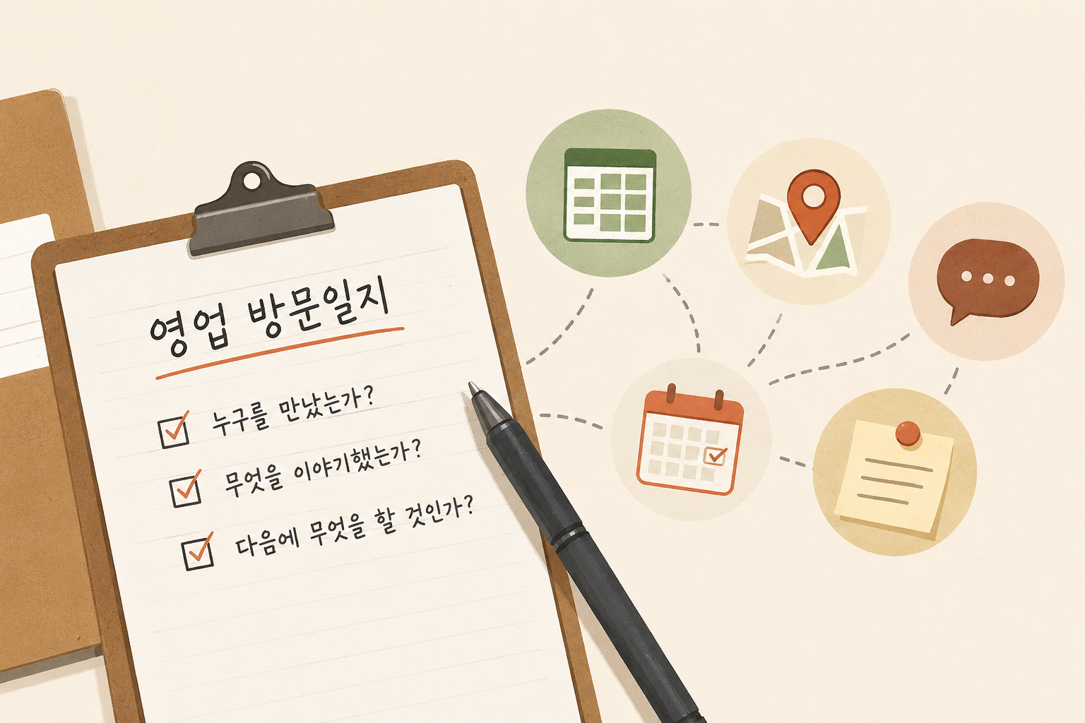 방문 영업 담당자가 거래처 상담 내용과 고객 요구사항, 현재 상태, 다음 후속 일정을 하나의 방문 기록으로 정리하는 모습