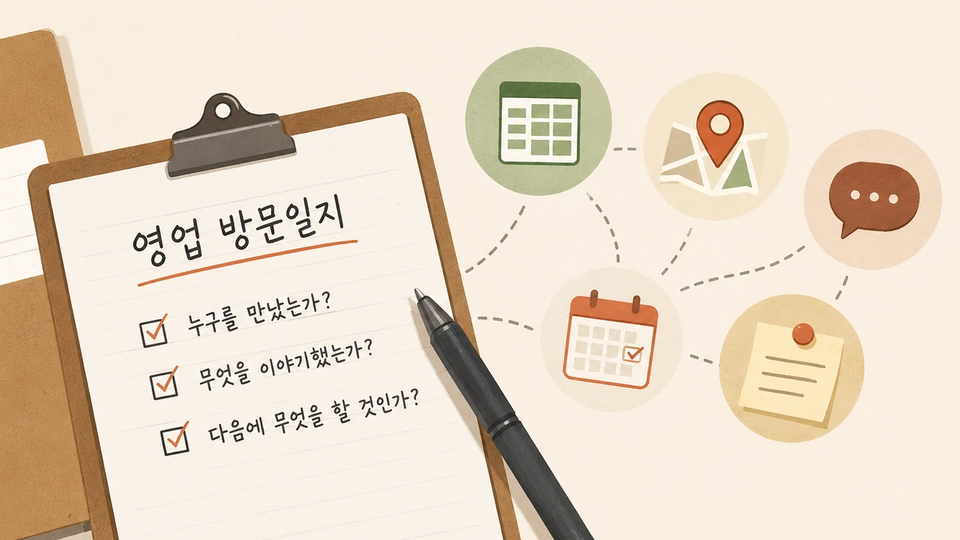 방문 영업 담당자가 거래처 상담 내용과 고객 요구사항, 현재 상태, 다음 후속 일정을 하나의 방문 기록으로 정리하는 모습