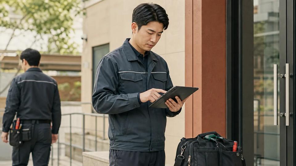 현장 방문 전 태블릿으로 거래처 위치와 작업 내용을 확인하는 기술 담당자