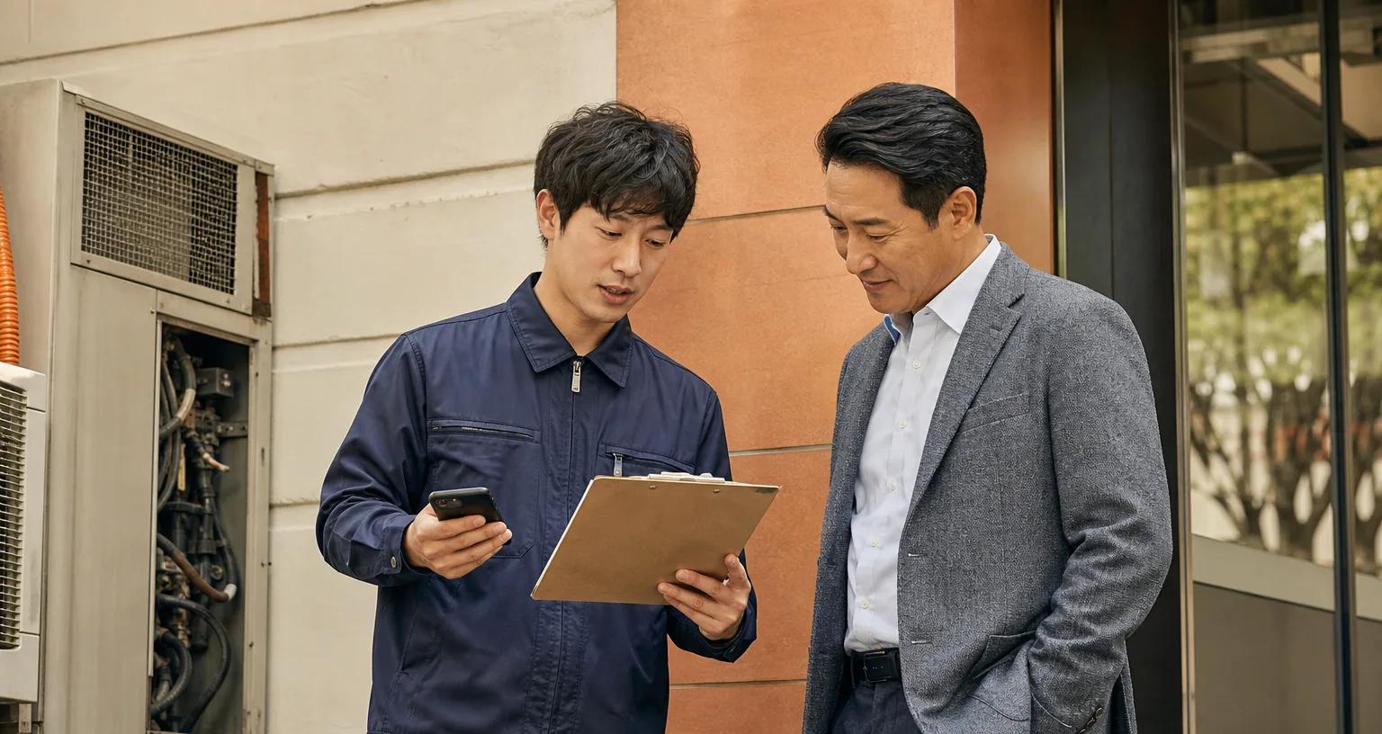 설비 현장에서 작업 결과를 확인하고 기록하는 현장 담당자