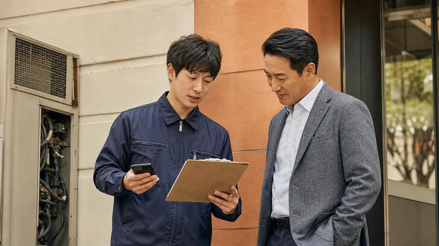 설비 현장에서 작업 결과를 확인하고 기록하는 현장 담당자