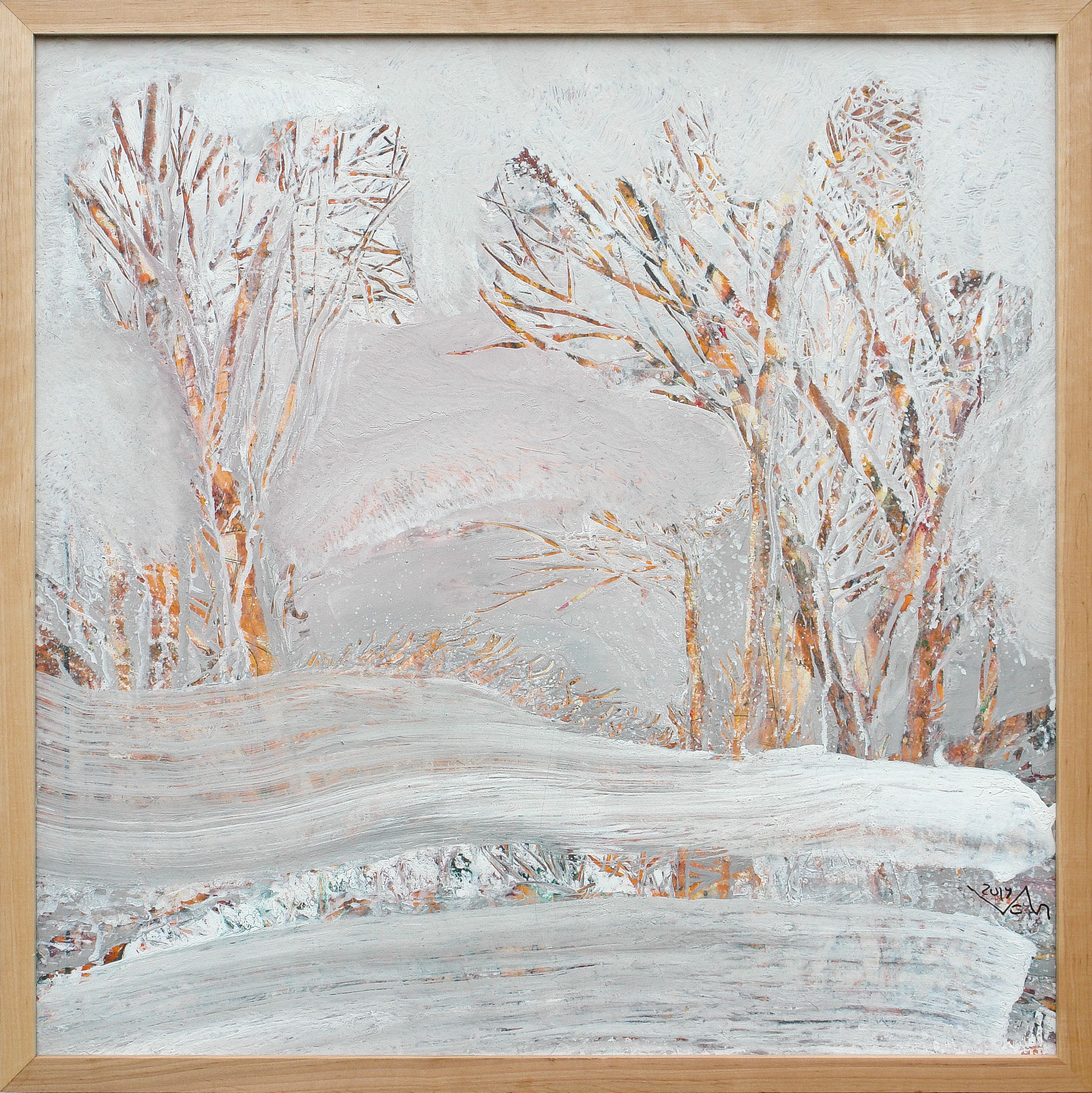 “Wintertime”, 2019 snowy landscape in acrylic on cardboard by Viktor Chumachenko