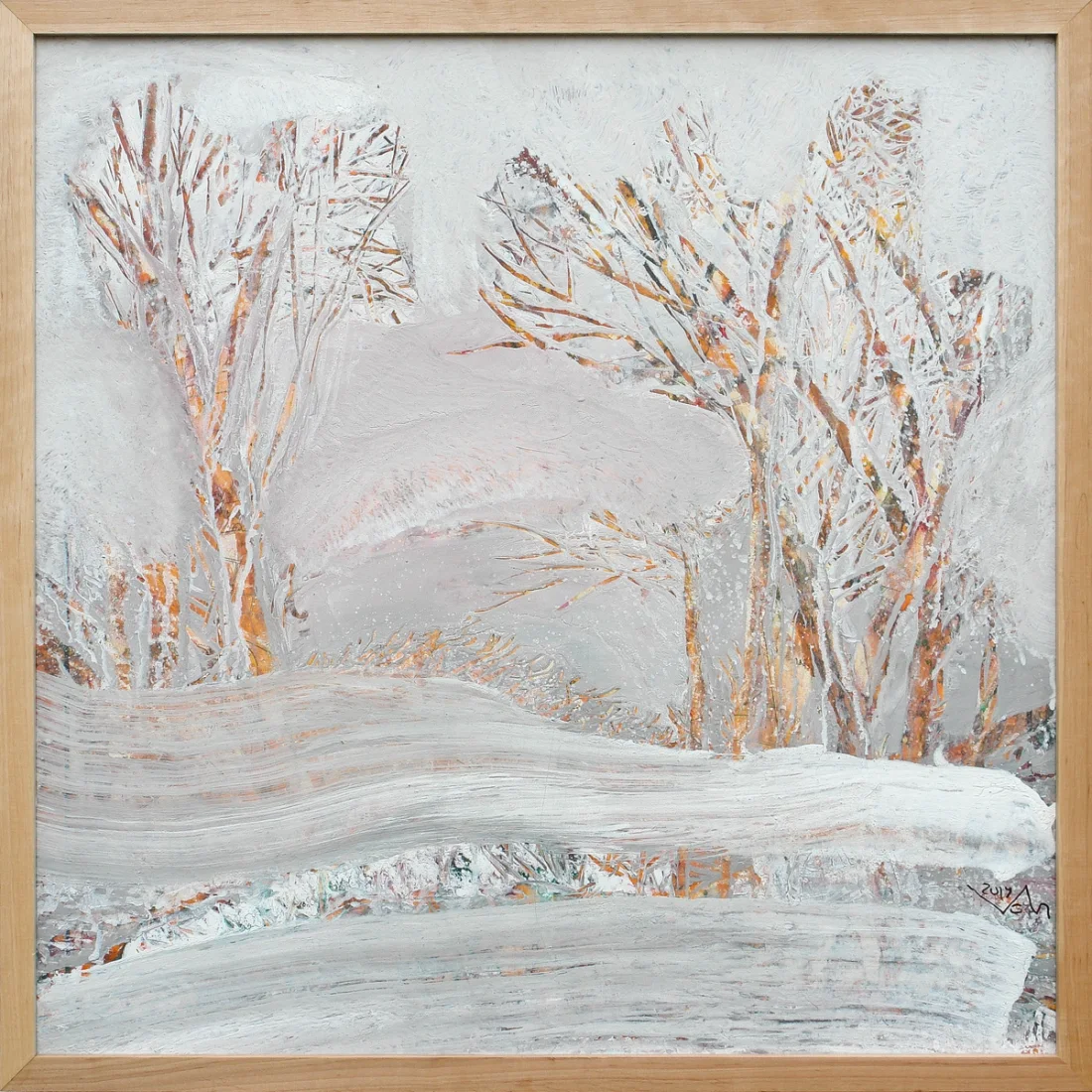 “Wintertime”, 2019 snowy landscape in acrylic on cardboard by Viktor Chumachenko