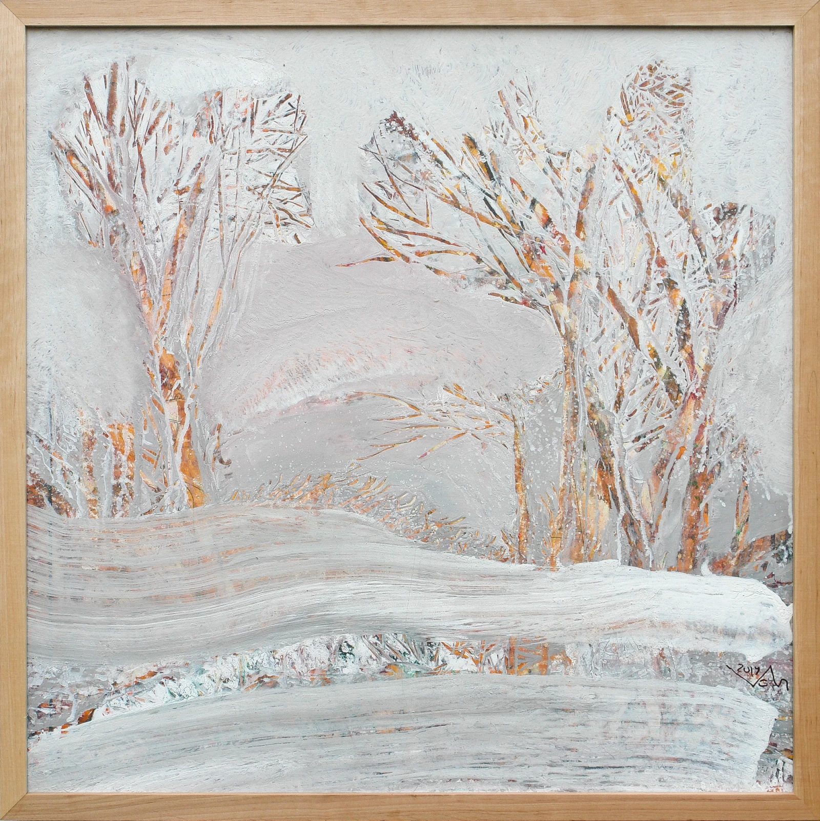 “Wintertime”, 2019 snowy landscape in acrylic on cardboard by Viktor Chumachenko