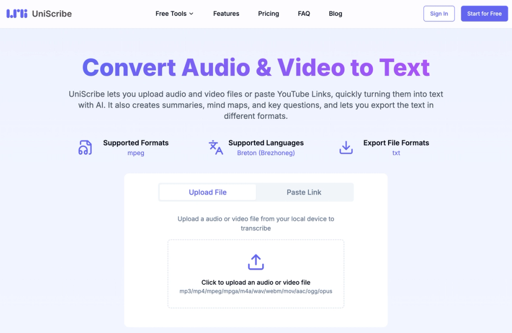 audio transcription, video transcription, transcribe audio, transcribe video, AI transcription, speech to text, YouTube transcription, audio to text, video to text, transcription service, transcription software, generate summary, mind map, key points, content analysis, accessibility, SRT, VTT, PDF, DOCX, CSV, text summary, free transcription, online transcription, fast transcription, accurate transcription, automatic transcription