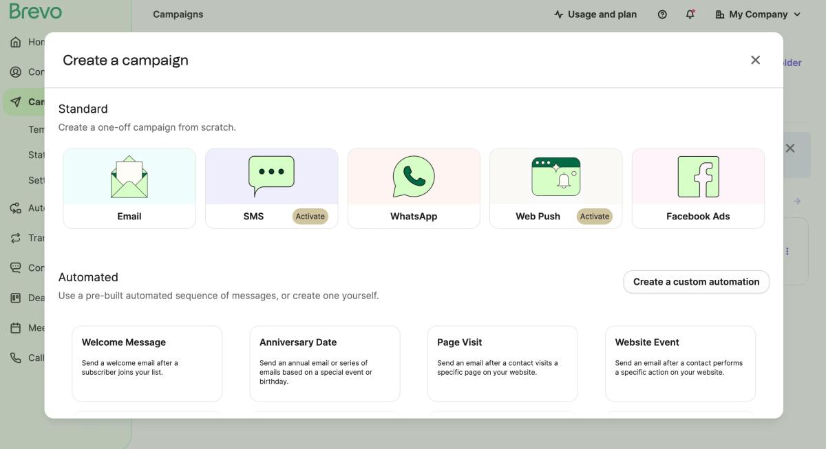 Brevo cieszy funkcjonalnościami takimi jak: kampanie whatsapp, kampanie sms, email marketing
