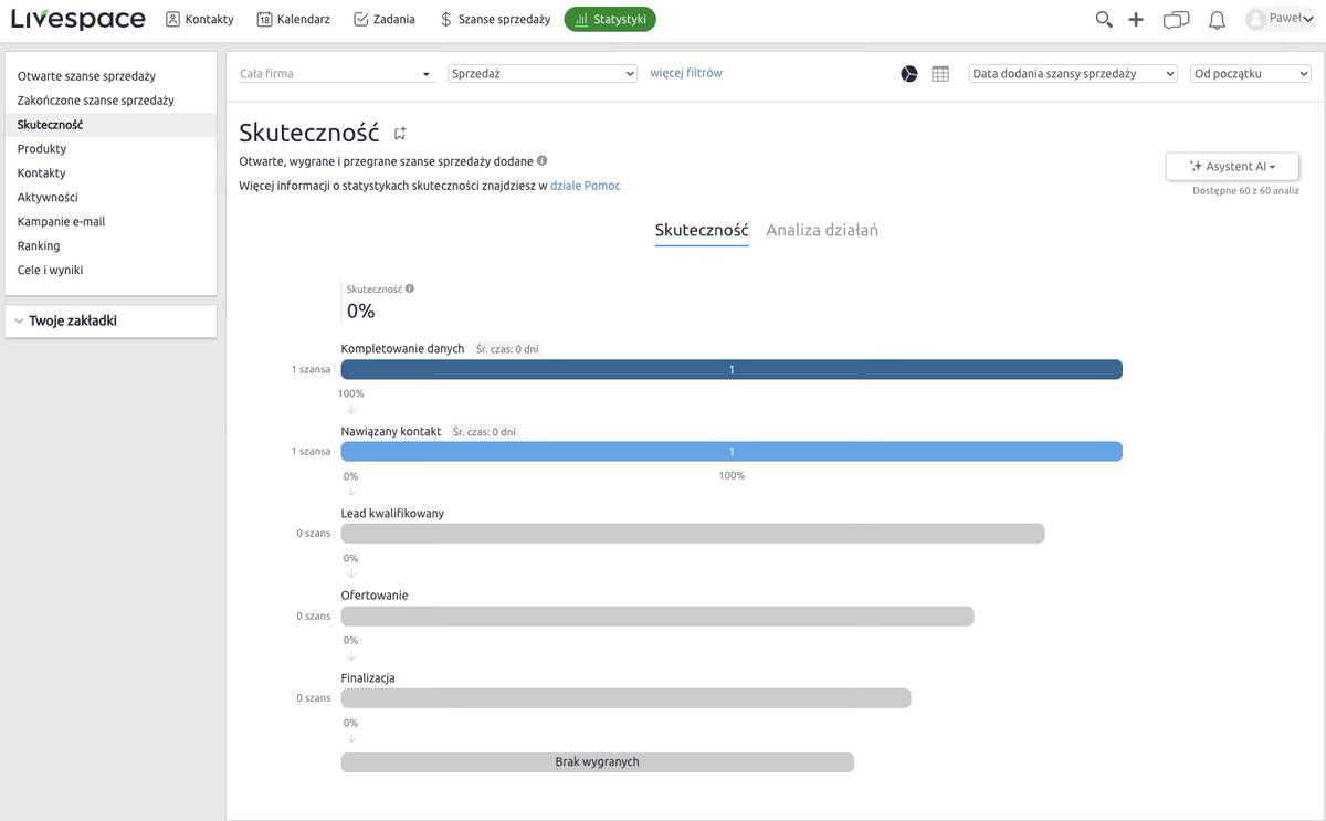 Livespace CRM i jego możliwości przedstawione na screenshocie
