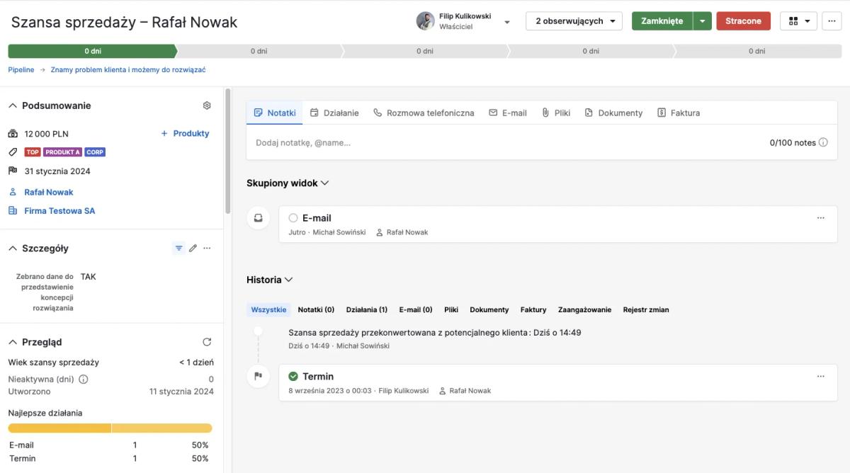 Widok szansy sprzedaży w Pipedrive