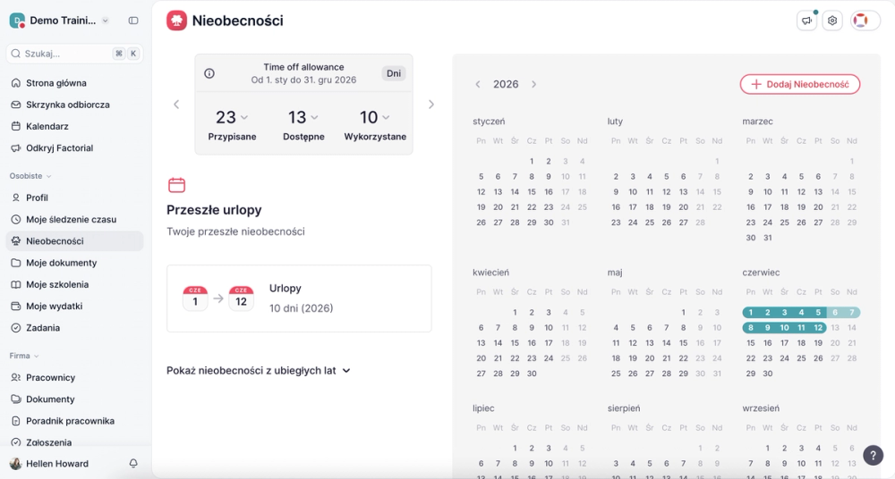 Factorial — limity urlopowe i kalendarz nieobecności