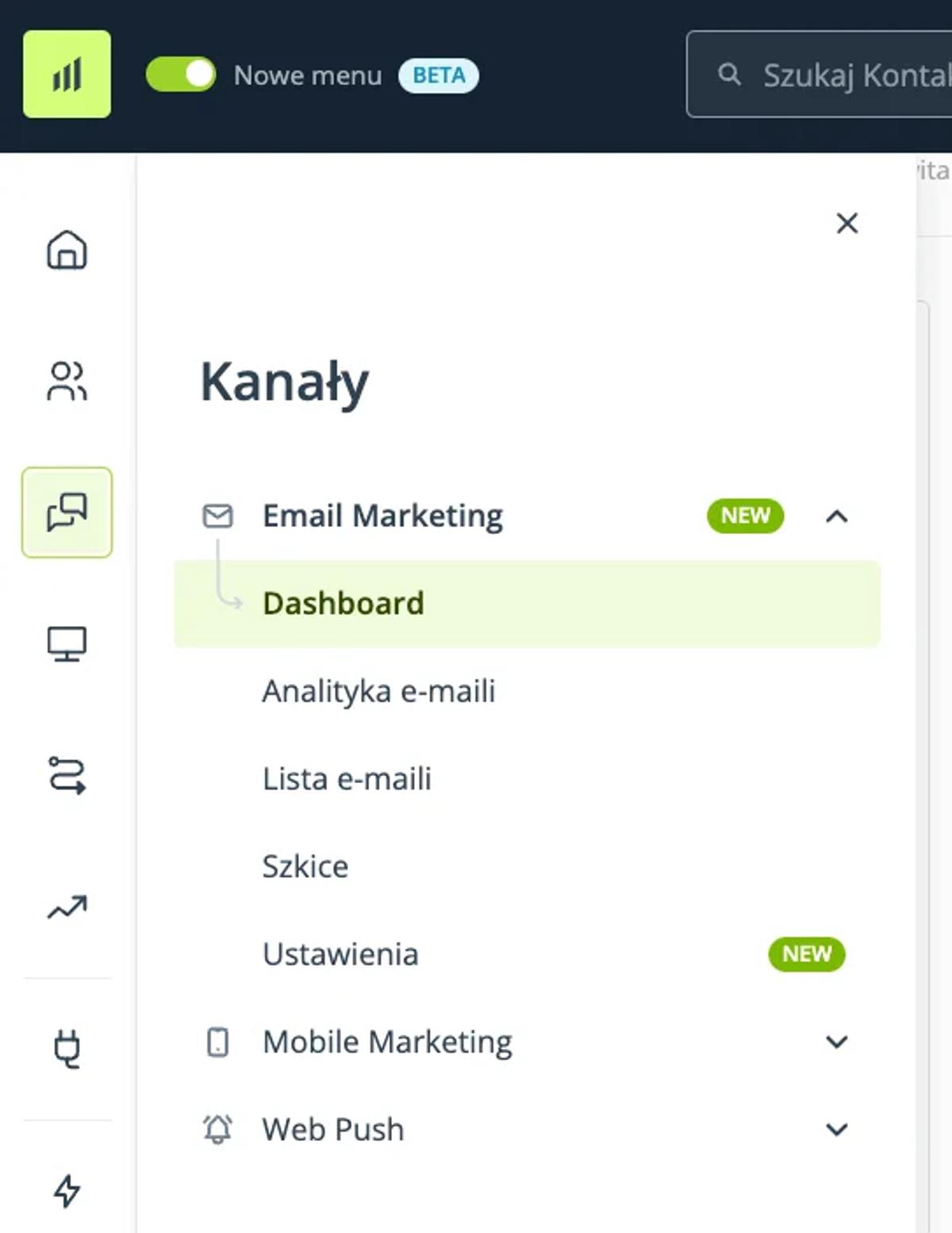 Menu z rodzajami kampanii marketingowych m.in. wiadomości e mail czy SMS