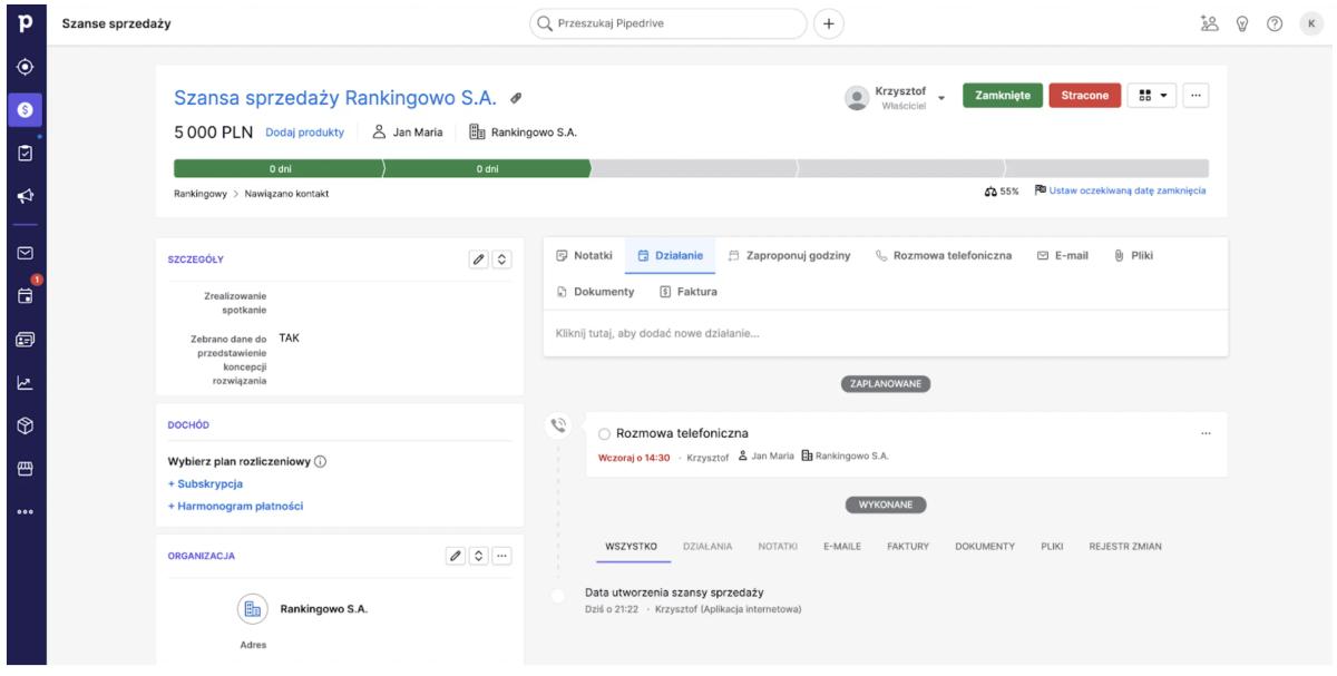 Widok przykładowej szansy sprzedaży w Pipedrive