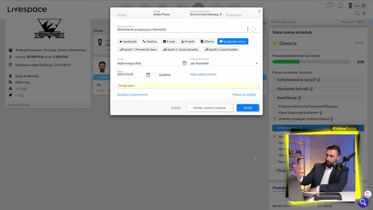 Oprogramowanie CRM LiveSpace pozwala na dodanie notatki i ustawienie wymaganego działania dla użytkowników systemu CRM