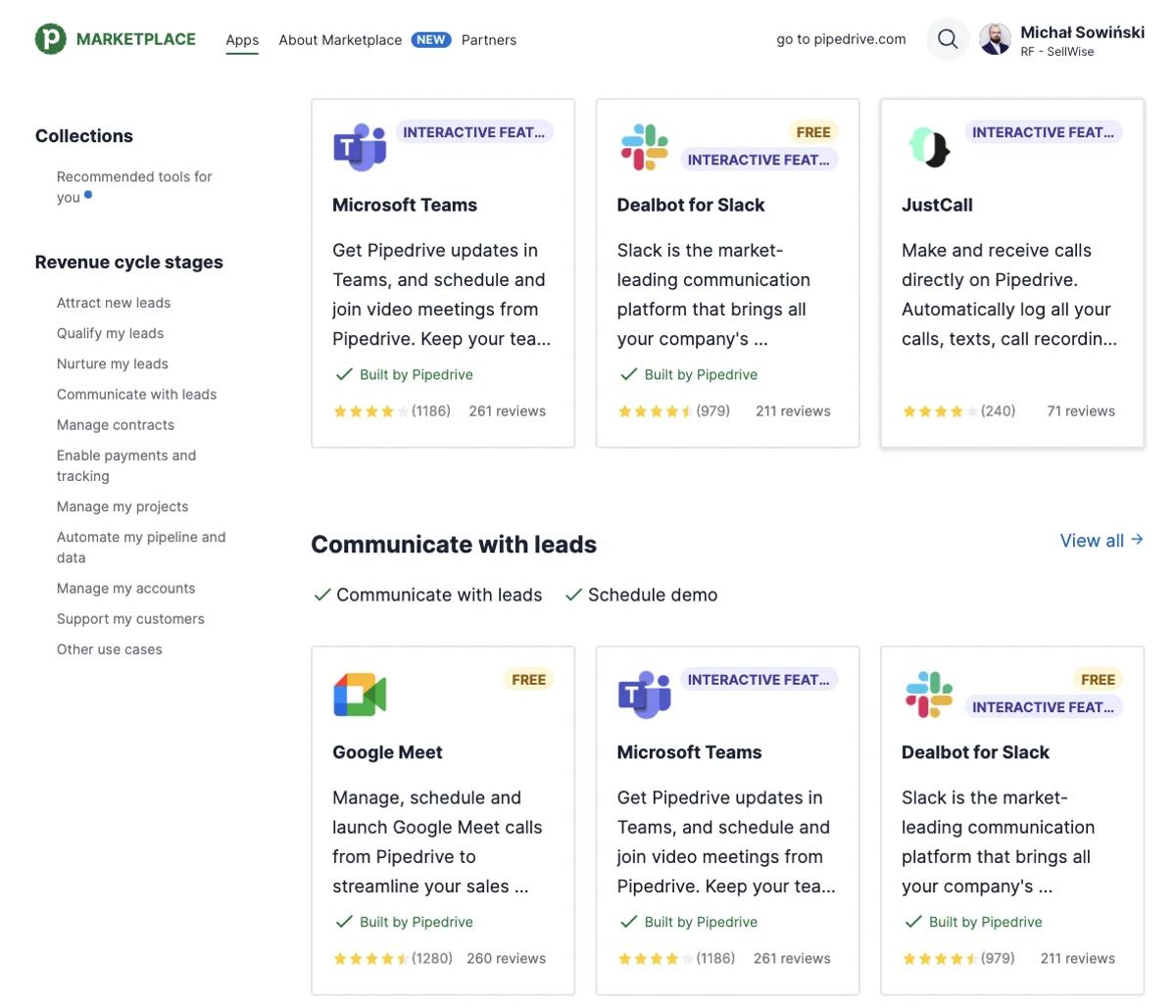 Zdjęcie przedstawiające marketplace z przykładowymi integracjami dla Pipedrive