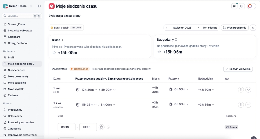 Factorial — przepracowane godziny, bilans i nadgodziny