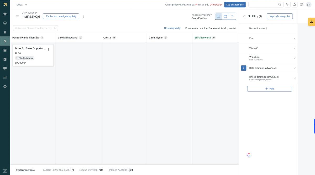 Widok procesów w Zendesk sell